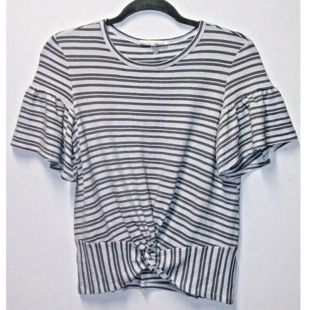 Pullover crop-top textured stretch Sz S striped sage green cream knit ruffled